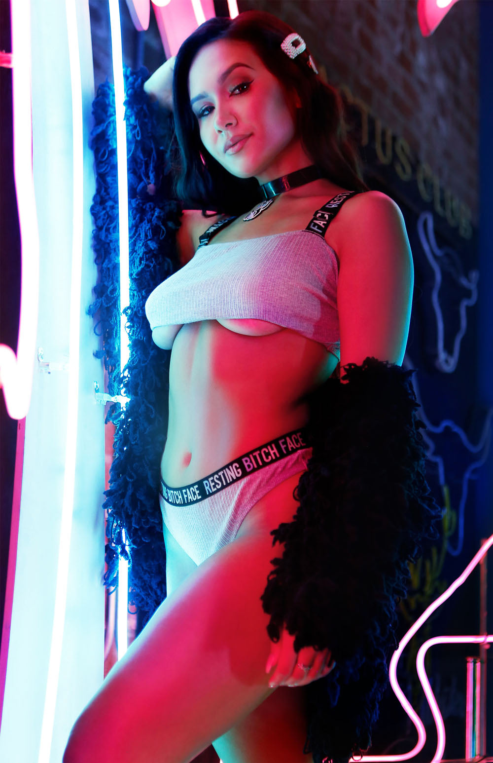 Resting Bitch Face Crop Top and Thong Panty Set - Gray - L-xl