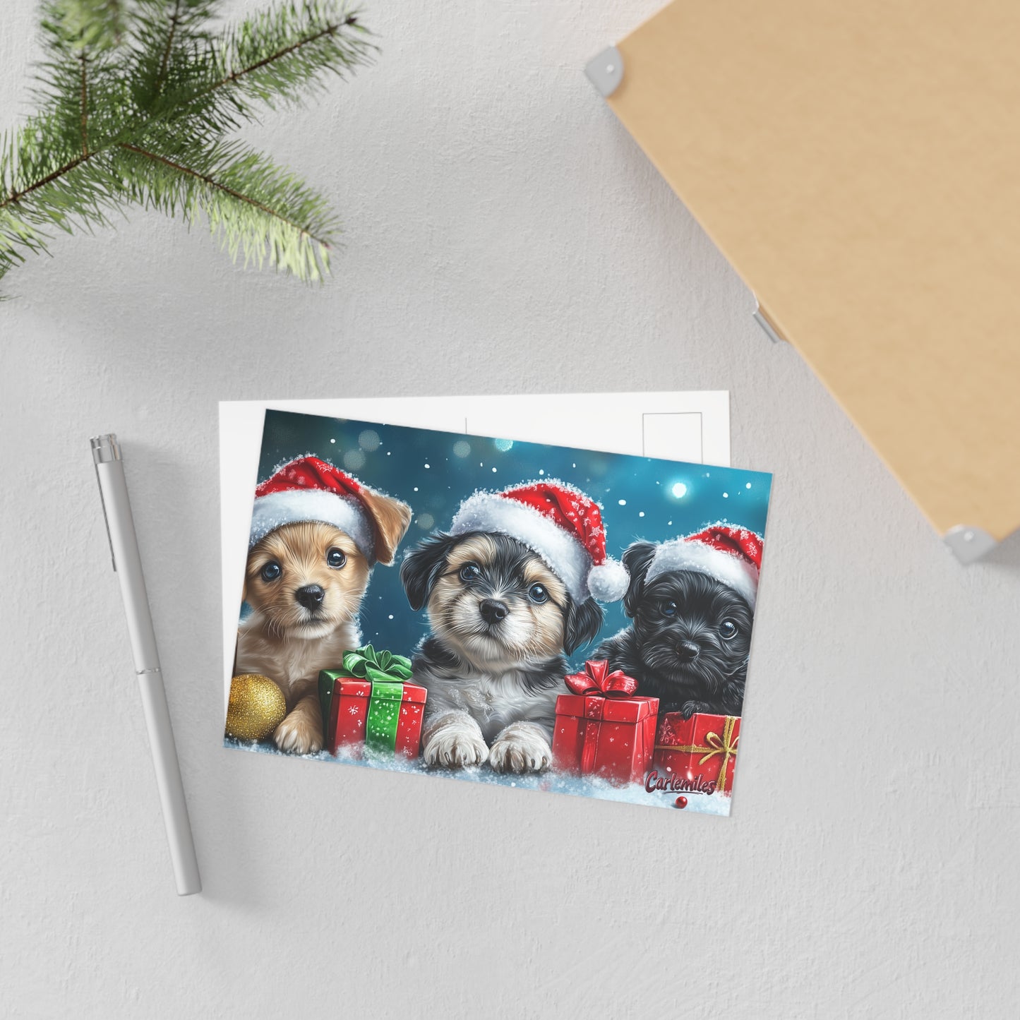 Christmas Puppy Fine Art Postcards - Holiday Greeting Cards with Christmas Dogs