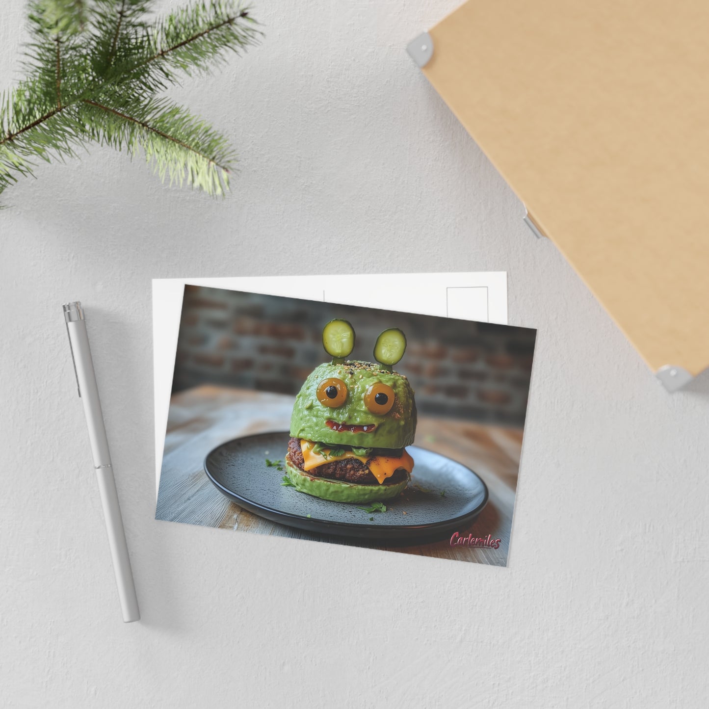 Alien Avocado Pickle Burger Fine Art Postcards - Perfect for Food Lovers and Quirky Decor