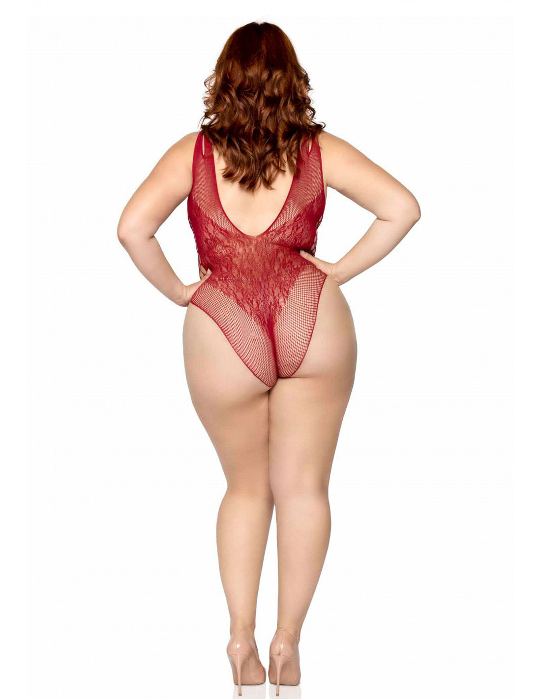 Net and Lace Bodysuit - 1x/2x - Burgundy