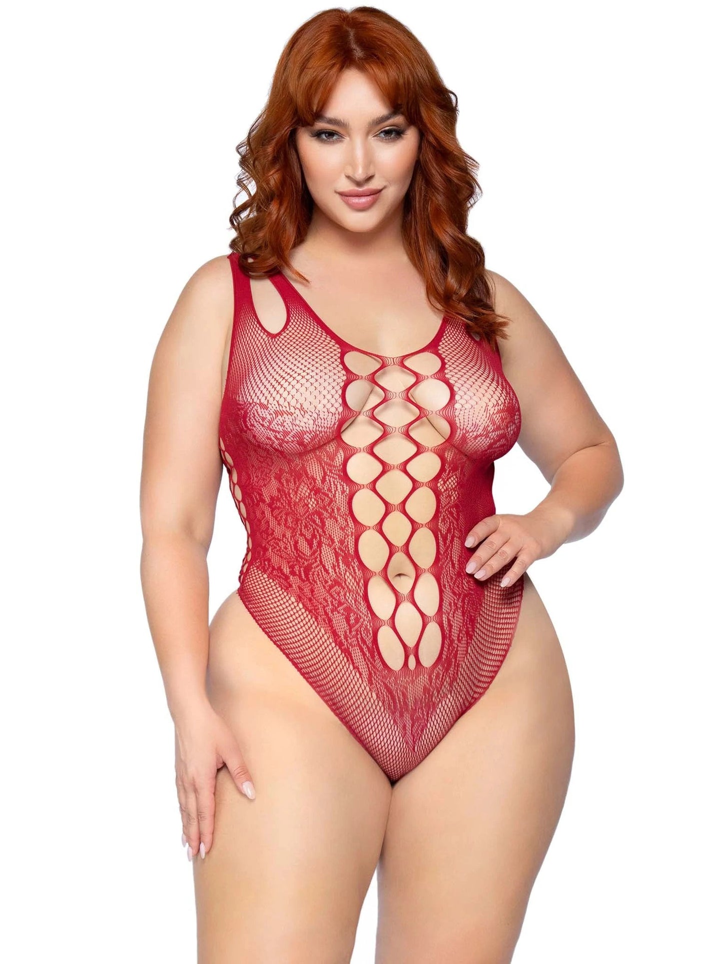 Net and Lace Bodysuit - 1x/2x - Burgundy