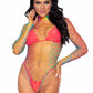 High Neck Fence Net Long Sleeve Bodysuit With Snap Crotch Thong Panty - One Size - Rainbow