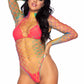 High Neck Fence Net Long Sleeve Bodysuit With Snap Crotch Thong Panty - One Size - Rainbow