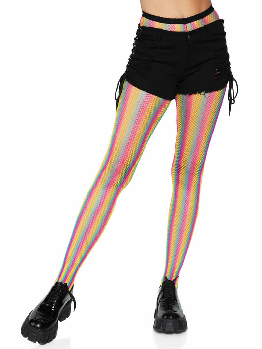 Neon Rainbow Striped Fishnet Tights - One Size -  Multicolor