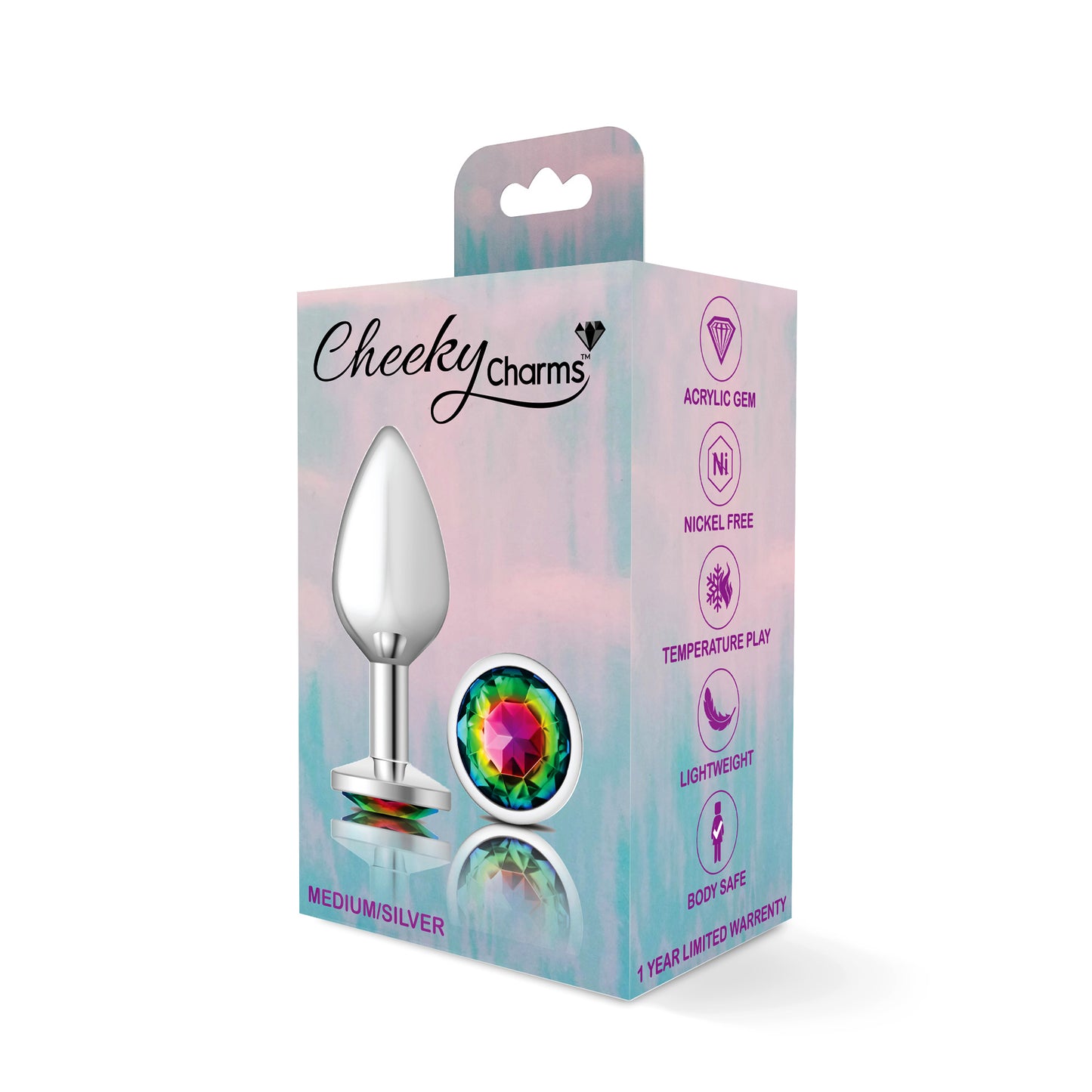 Cheeky Charms-Silver Metal Butt Plug- Round-Rainbow-Medium