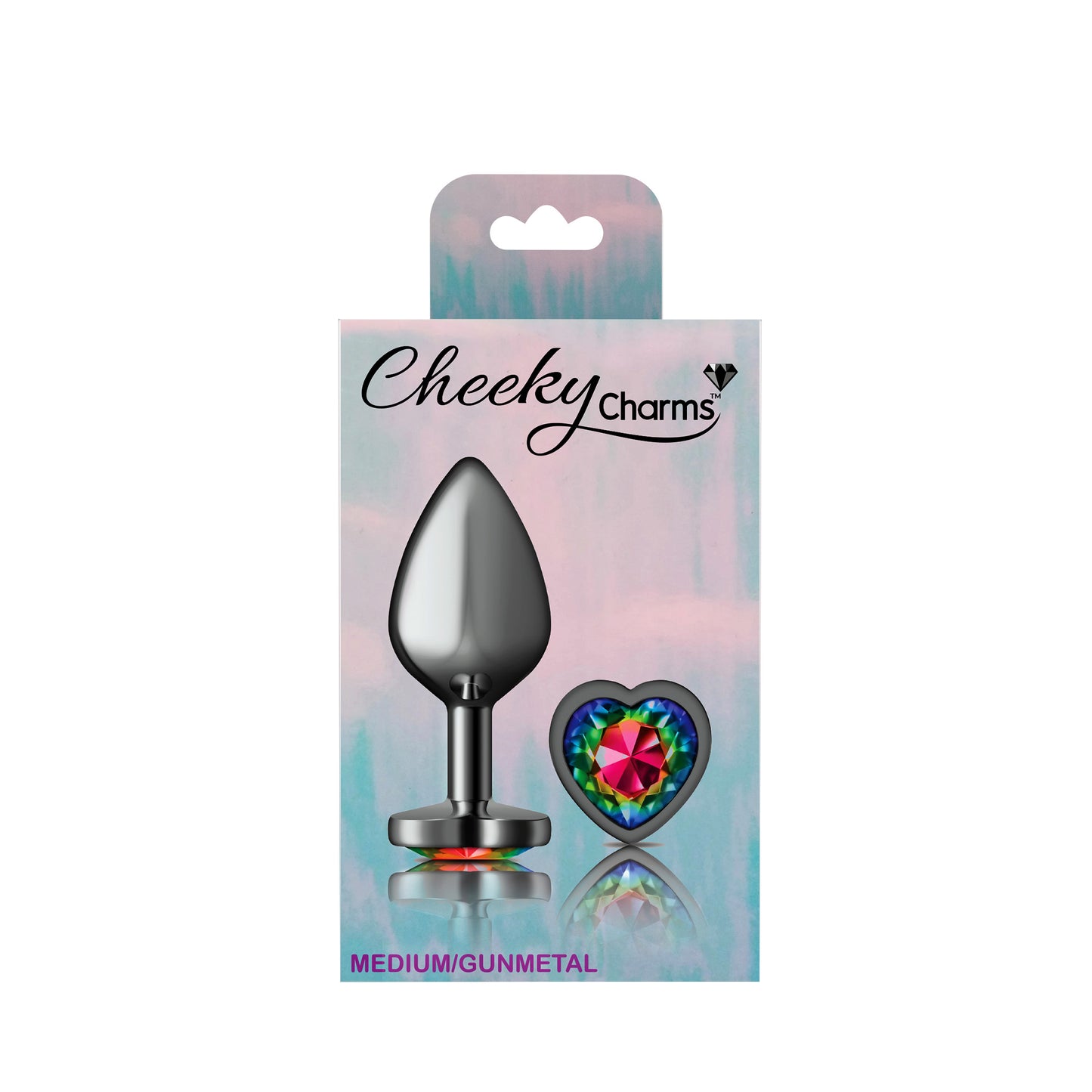 Cheeky Charms-Gunmetal Metal Buttplug- Heart-Rainbow-Medium