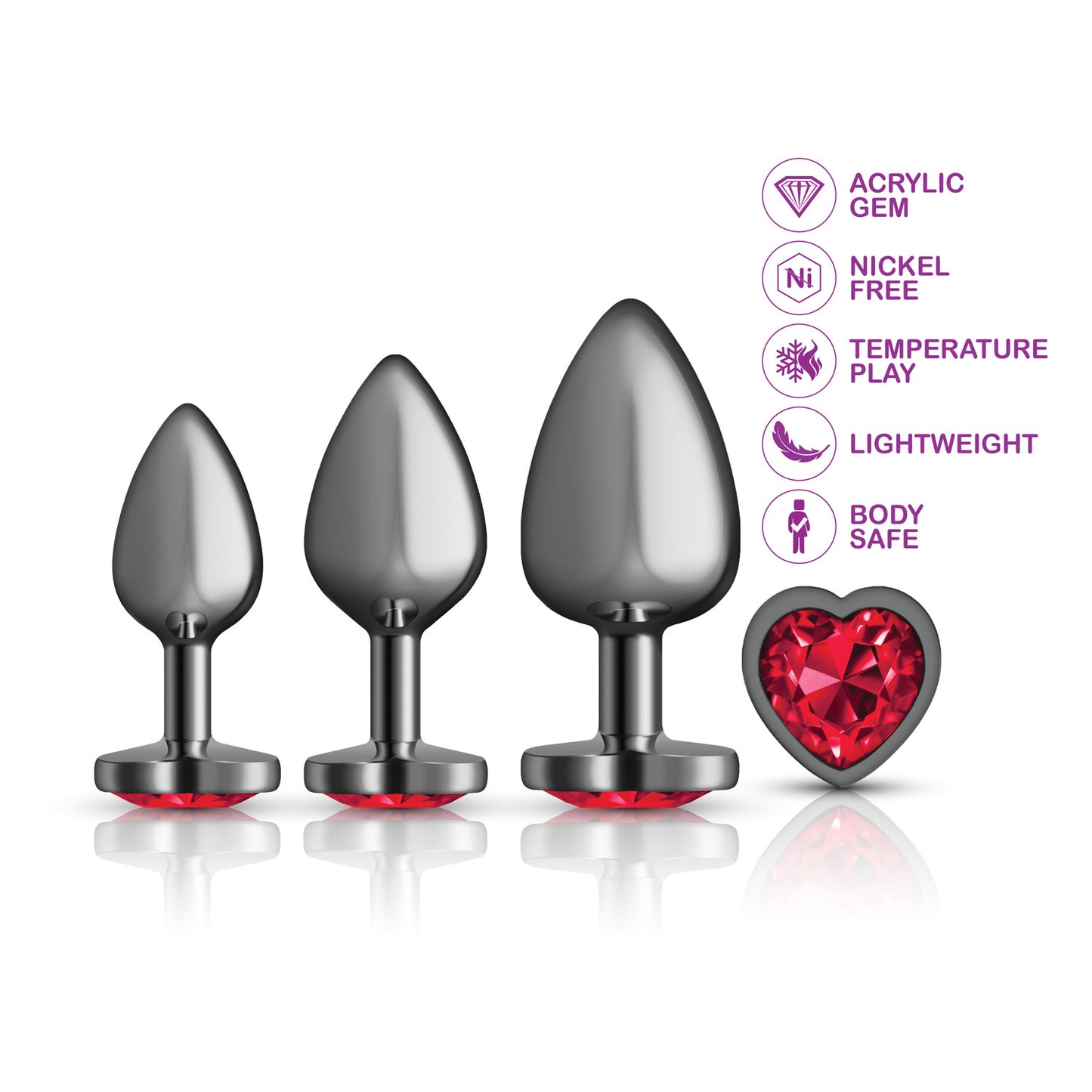 Cheeky Charms - Metal Butt Plug  Gunmetal - Heart Dark Red - Anal Trainer Kit