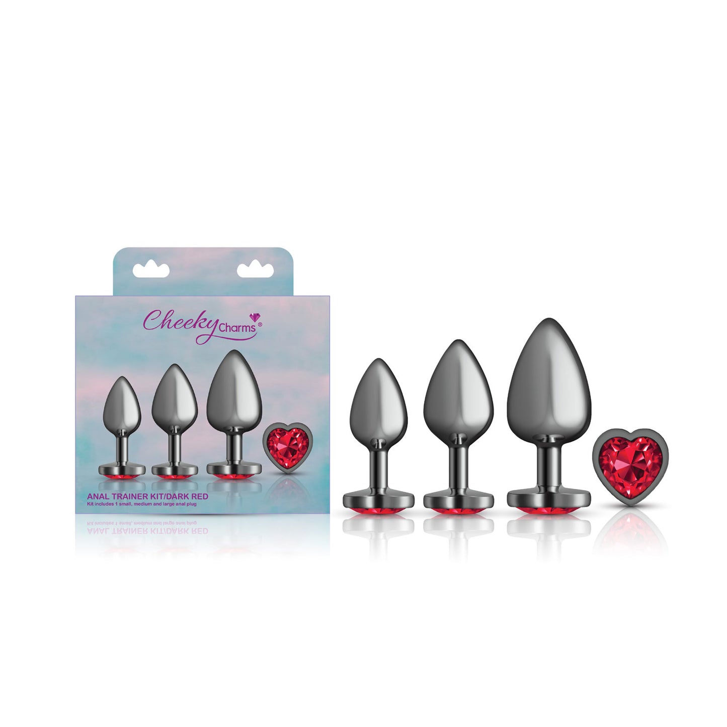 Cheeky Charms - Metal Butt Plug  Gunmetal - Heart Dark Red - Anal Trainer Kit