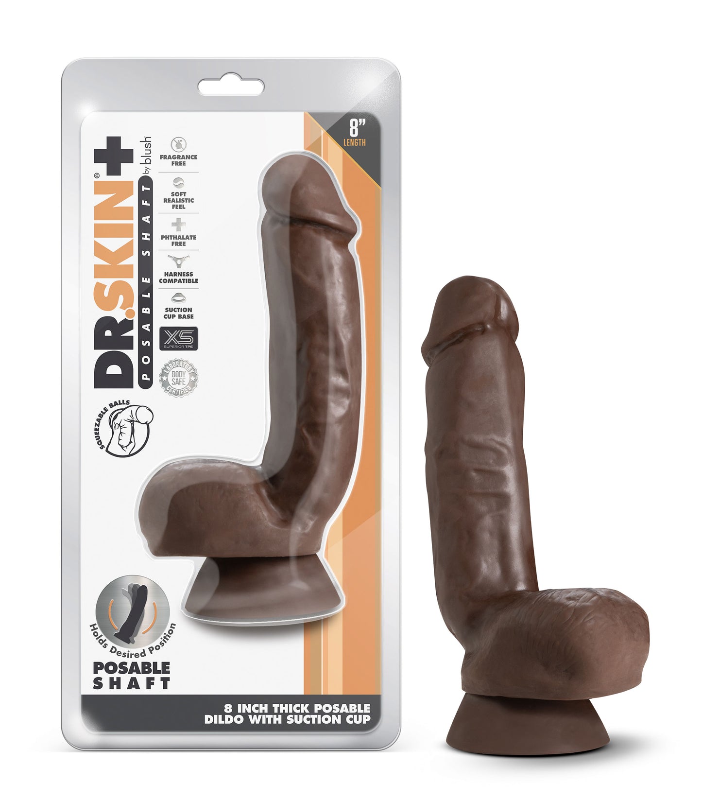 Dr. Skin Plus - 8 Inch Thick Poseable Dildo With  Squeezable Balls - Chocolate