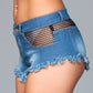 Denim Shorts With Fishnet Top Trimming and Fringe  Bottom Details - Medium