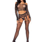 4 Pc Rhinestone Crop Top G-String Garter Belt and Stockings - One Size - Black
