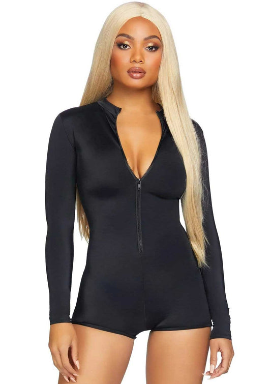 Zipper Front Long Sleeved Matte Romper - Large -  Black