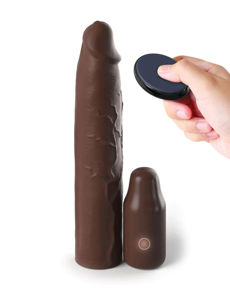 Fantasy X-Tensions Elite 9 Inch Sleeve Vibrating  3 Inch Plug With Remote - Brown